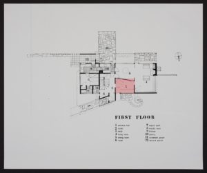 First floor plan of Gropius House with Study highlighted in red