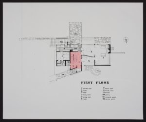 First floor plan of Gropius House with Stair Hall highlighted in red